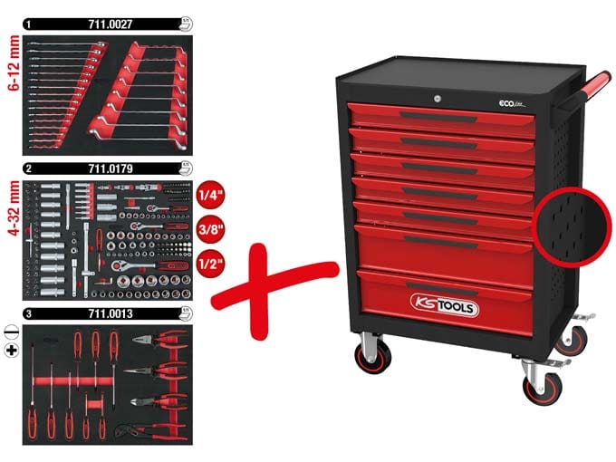Kstools ECOline Työkaluvaunu 215-osaisella työkalusarjalla, 7 vetolaatikkoa 897.7215