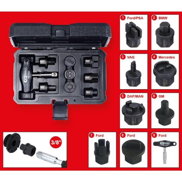 Kstools 150.1040 Öljytulppa avainsarja muovisille öljynpoistoruuveille, 3/8", 9 osaa