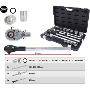 Kstools 911.0722 Hylsysarja, 3/4", 21-os, 12-kulmaiset hylsyt