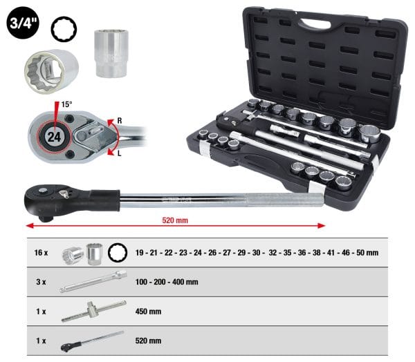 Kstools 911.0722 Hylsysarja, 3/4", 21-os, 12-kulmaiset hylsyt