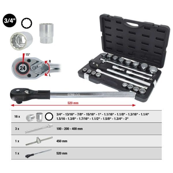 Kstools 911.0751 tuumakoon 3/4" hylsysarja 12-kulmainen