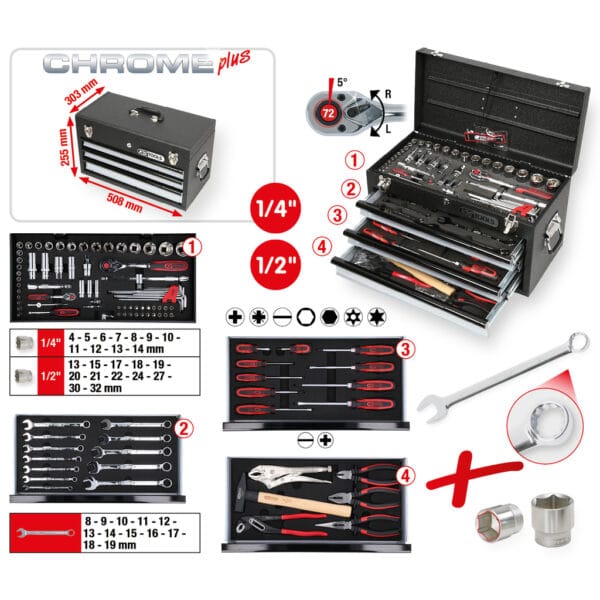 Kstools 99-osainen 1/4"+1/2" CHROMEplus -yleistyökalusarja peltipakissa 918.0200 - Image 3