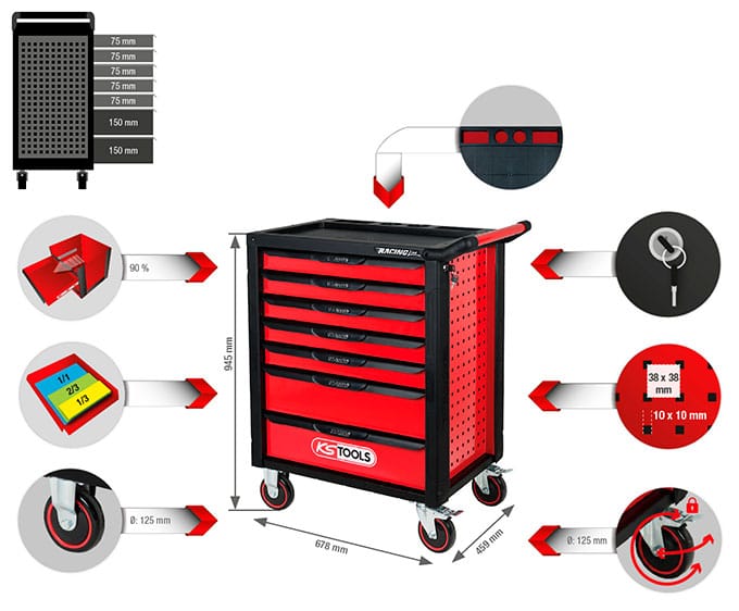 Kstools Racingline Työkaluvaunu 7 vetolaatikkoa ja 598-osainen työkalusarja 826.7598 - Image 2