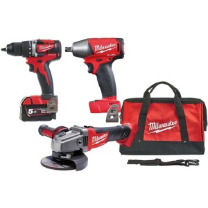 Milwaukee M18 Supersetti: 3 konetta, 2 x 5.0 Ah akkua, laturi ja kuljetuslaukku