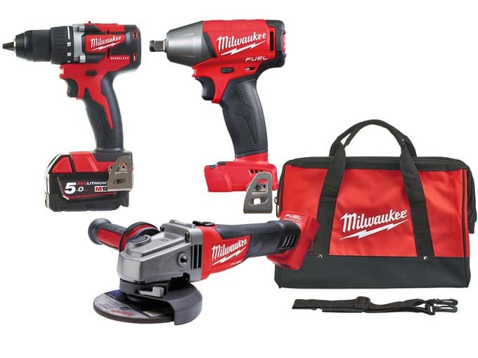 Milwaukee M18 Supersetti: 3 konetta, 2 x 5.0 Ah akkua, laturi ja kuljetuslaukku