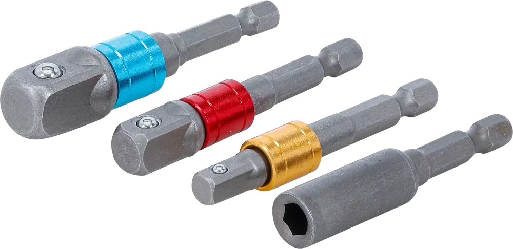 BGS-20814 Porakoneiden adapterisarja Käyttö | värillinen | kuusiokanta 6,3 mm (1/4") | 6,3 mm (1/4"), 10 mm (3/8"), 12,5 mm (1/2"), kuusiokolo 6,3 mm (1/4") | 4-osainen